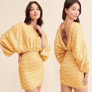 Azulu Olympia Mini Dress Printed Batwing Sleeve Open Back Sheath Yellow XS